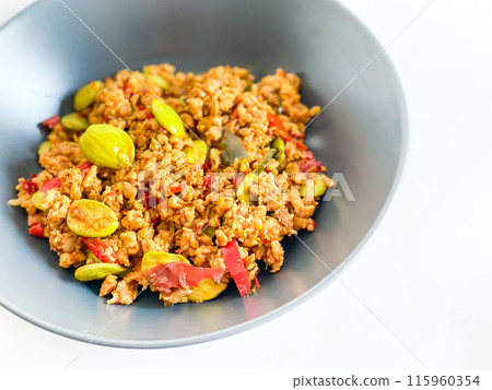 Thai Southern Food, Stir Fried Minced pork with yellow curry, Kua Kling 115960354