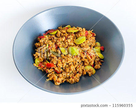 Thai Southern Food, Stir Fried Minced pork with yellow curry, Kua Kling Thai Southern Food, Stir Fried Minced pork with yellow curry, Kua Kling 115960355