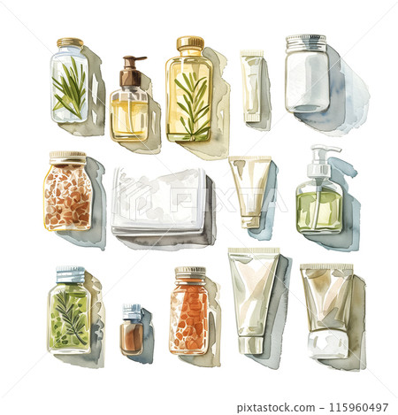 Watercolor illustration of various types of amenities on white background 115960497