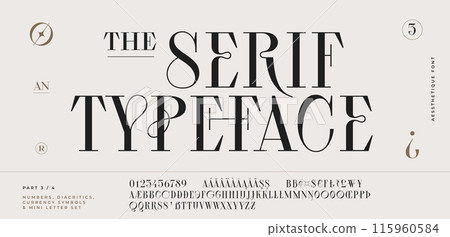 Classic serif font. Headline alphabet serif alphabet with graphic elements, sign, symbol, alternative letters. Classic creative serif font alphabet for design, typographic Vector Illustration 115960584