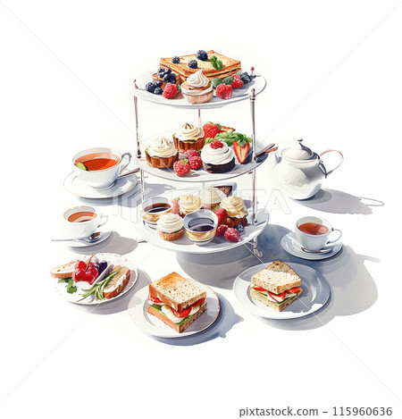 白色背景下午茶套裝的水彩插圖 115960636