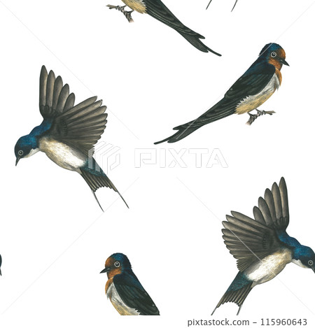 Watercolor seamless pattern of swallows. Hand-drawn, isolated on a white background. For design and printing Watercolor seamless pattern of swallows. Hand-drawn, isolated on a white background. For design and printing 115960643