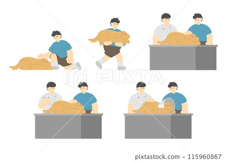 Man with sick dog at Pet clinic and doctor. flat cartoon design minimal vector illustration isolated on white background 115960867