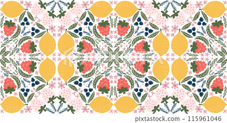 Cheerful seamless pattern featuring illustrations of raspberries, lemons, white strawberries, blackberries, pink flowers, and green leaves, arranged in a kaleidoscope-like design. Modern, organic Cheerful seamless pattern featuring illustrations of raspberries, lemons, white strawberries, blackberries, pink flowers, and green leaves, arranged in a kaleidoscope-like design. Modern, organic 115961046