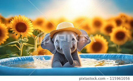 向日葵和戴著帽子沐浴在藍天下的小象的夏季形象 向日葵和戴著帽子沐浴在藍天下的小象的夏季形象 115961056