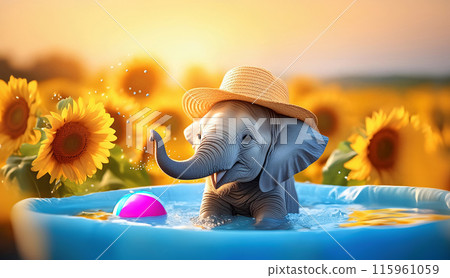 A baby elephant bathing in a sunflower and a hat - a summer image 115961059