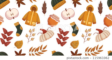 Seamless autumn pattern featuring cozy elements such as a yellow raincoat, knit socks, pumpkins, apple slice, honey, and various fall leaves and berries. The warm orange, red, and green tones. 115961062