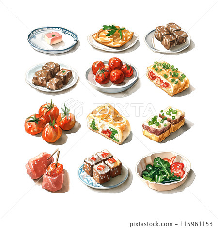 白色背景下各種手指食物的水彩插圖 115961153