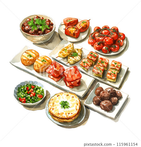 Watercolor illustration of various kinds of finger food on white background Watercolor illustration of various kinds of finger food on white background 115961154