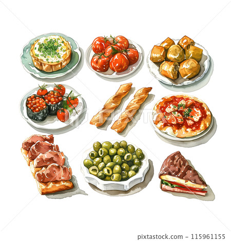 白色背景下各種手指食物的水彩插圖 115961155