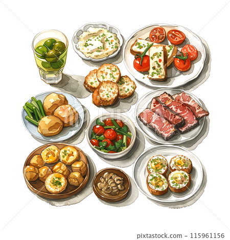Watercolor illustration of various kinds of finger food on white background 115961156