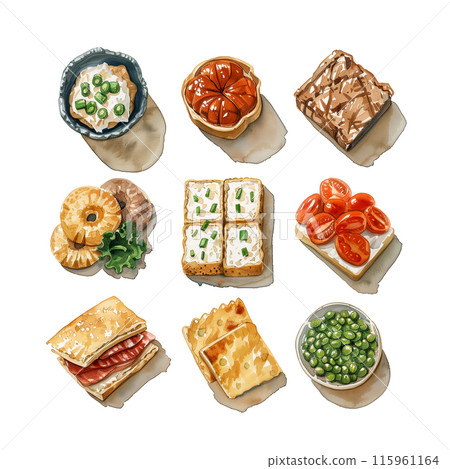 白色背景下各種手指食物的水彩插圖 115961164