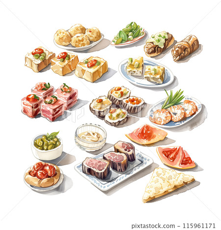 白色背景下各種手指食物的水彩插圖 115961171