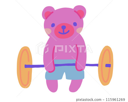 An illustration of a cute bear wearing shorts holding a barbell An illustration of a cute bear wearing shorts holding a barbell 115961269
