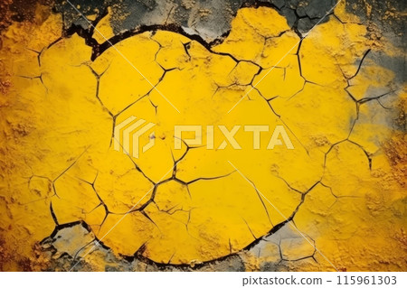 Abstract texture of cracked background with wonderful yellow color and formation. Splitting backdrop. Dark gray or black and yellow colors. Generated AI 115961303