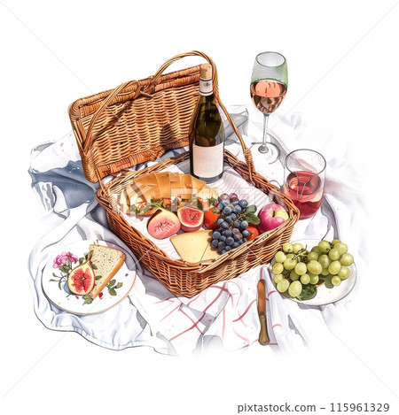白色背景野餐水彩插圖 115961329