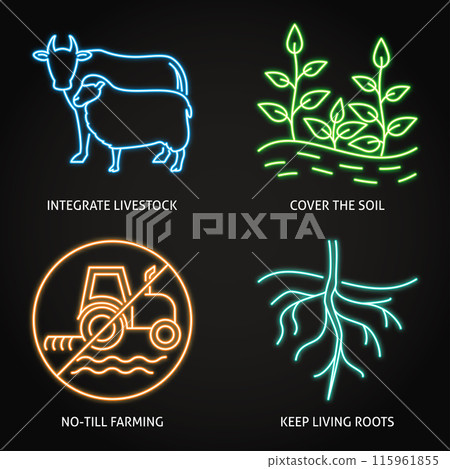 Regenerative agriculture principles neon icon set 115961855