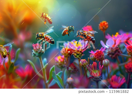 Flying honey bees collect pollen on colorful flowers. 115961882