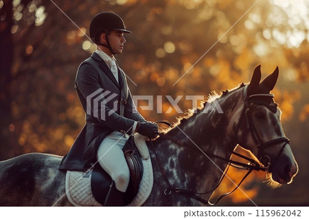 Equestrian sport. Portrait of a rider riding a horse on a sunny autumn day 115962042