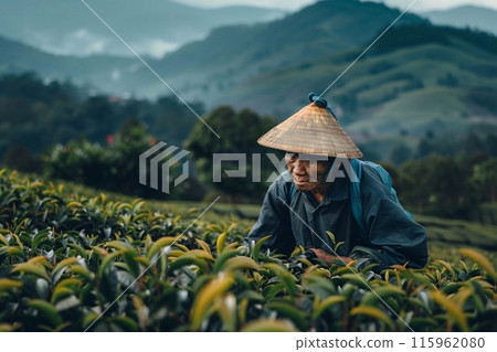 Asian farmer working at tea plantation. 115962080