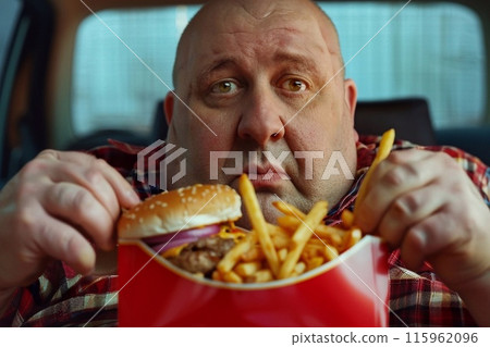 Portrait of mature man eating hamburger and french fries in car Portrait of mature man eating hamburger and french fries in car 115962096