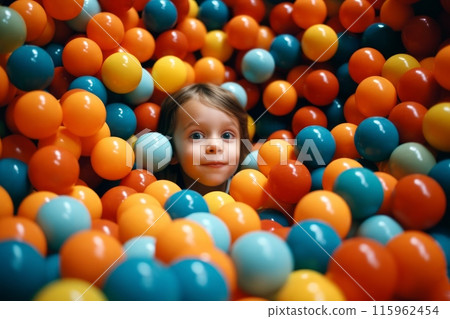 Happy children playing and having fun at kindergarten with colorful pool balls. A lot of colorful pool balls. Blue, red and orange colors. Generated AI 115962454