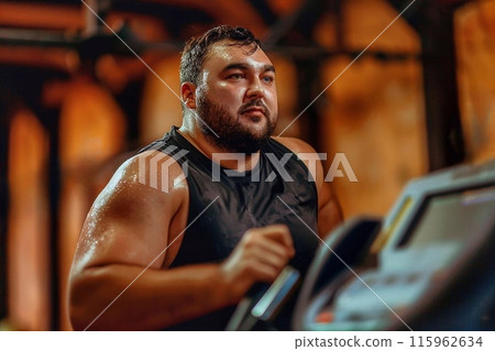 Fat man training on a treadmill in the gym. 115962634