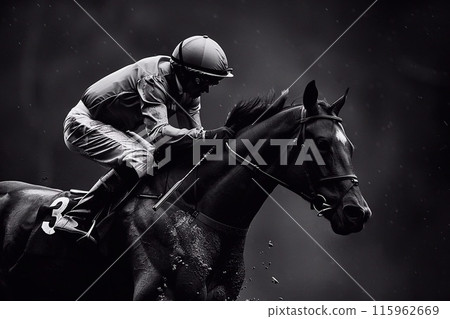 Horseman riding on a dark background. Black and white photo. 115962669