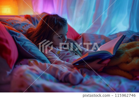 Cute little girl reading a book in bed at home in the evening 115962746