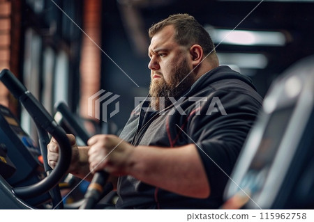 A bearded man working out in the gym on a cross trainer. 115962758