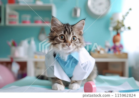 Cute cat with doctor in clinic on blurred background, closeup 115962824