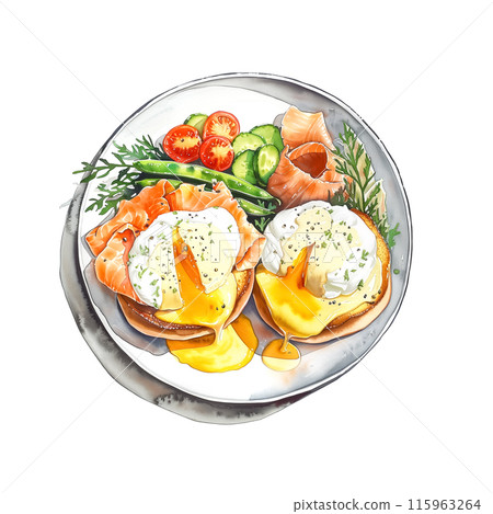 白色背景燻鮭魚班尼迪克蛋午餐盤的水彩插圖 白色背景燻鮭魚班尼迪克蛋午餐盤的水彩插圖 115963264