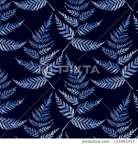 Pattern of blue fern branches on a navy blue background. Pattern of blue fern branches on a navy blue background. 115963413
