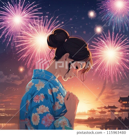 Woman in a yukata watching fireworks 8 Woman in a yukata watching fireworks 8 115963480
