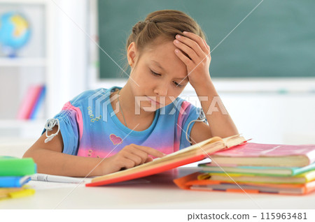Portrait of girl studing with books at classroom Portrait of girl studing with books at classroom 115963481