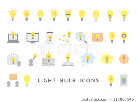 一套各種燈泡和靈感圖示(平面) 一套各種燈泡和靈感圖示(平面) 115963549