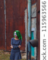 Portrait of a greenhaired girl in chekered dress with joker makeup on a rusty metal wall background. 115963566
