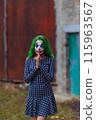 Portrait of a greenhaired girl in chekered dress with joker makeup on a rusty metal wall background. 115963567