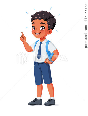 Smart little Indian school boy with index finger pointing up with idea. Cartoon vector illustration. Smart little Indian school boy with index finger pointing up with idea. Cartoon vector illustration. 115963578