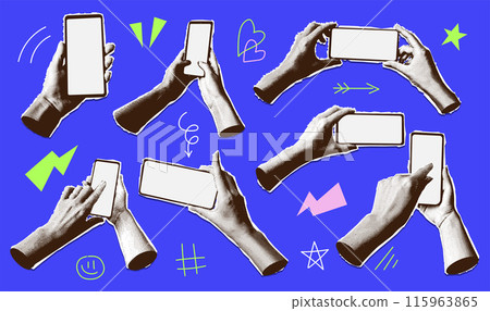 Halftone collage hands set with smartphone. Mixed media mobile phone screen, paper hands with devices and doodle elements. Vector illustration. 115963865