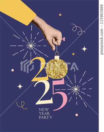 Vertical halftone collage for 2025 New year party. Female hand holding glittering Christmas tree toy. Vector illustration for greeting card, invitation, web banner, social media banner Vertical halftone collage for 2025 New year party. Female hand holding glittering Christmas tree toy. Vector illustration for greeting card, invitation, web banner, social media banner 115963866
