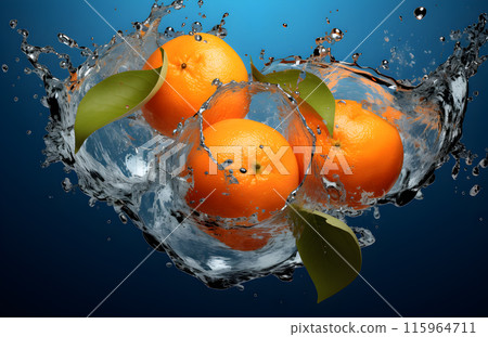 Orange juice, orange water splash, blue background Orange juice, orange water splash, blue background 115964711