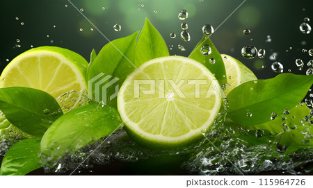 lime drops water, split lime, Limes water splash, black background lime drops water, split lime, Limes water splash, black background 115964726