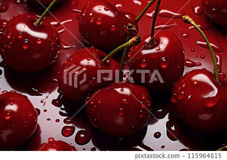 red cherry, drops water cherry, black cherries, red background red cherry, drops water cherry, black cherries, red background 115964815