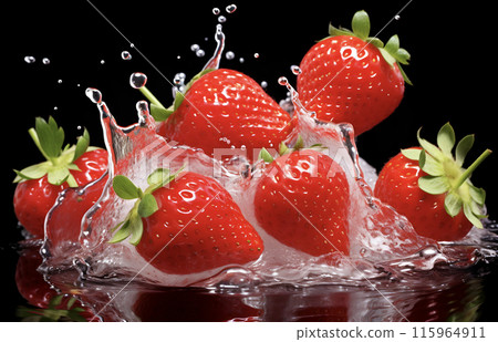 strawberry drops water, Strawberry falling, splash water, black background strawberry drops water, Strawberry falling, splash water, black background 115964911