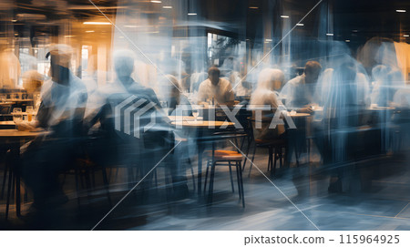 blurred cafe, Blurred restaurant background, Blur coffee shop, some people and chefs working, Movement blur, waiters working, people eating 115964925