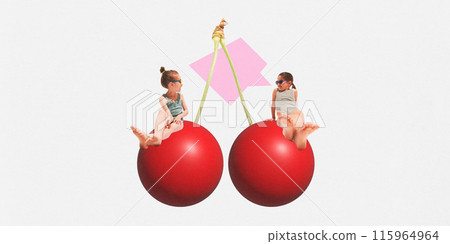 Poster. Contemporary art collage. Little girls i swimsuits resting on sweet, red 3D cherry and talking against white background. 115964964
