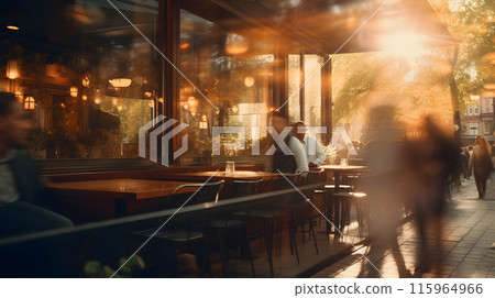 blurred cafe, Blurred restaurant background, Blur coffee shop, some people and chefs working, Movement blur, waiters working, people eating 115964966