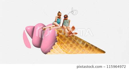 Poster. Contemporary art collage. Little girls, friend sunbathing lying on huge, sweet and cold 3D ice cream horn. 115964972