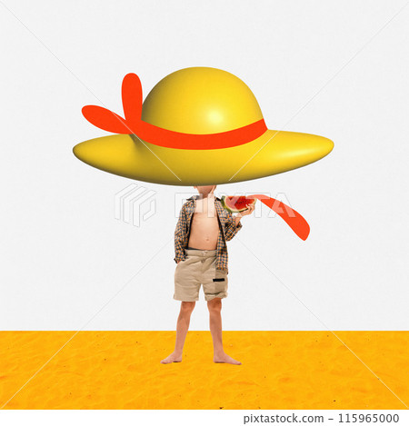Poster. Contemporary art collage. Little boy stand on surreal beach and eating watermelon in oversized 3D hat. 115965000